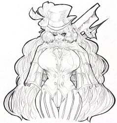 aplpakapa big_ass big_breasts black_and_white blush bow button_down_shirt coat freckles_on_face fully_clothed hair_ornament hands_behind_back hat hat_bow hat_ribbon hourglass_figure ishmael_(limbus_company) limbus_company long_hair looking_at_viewer project_moon really_long_hair rope saliva_on_tongue spear striped_clothing striped_pants top_hat winking_at_viewer