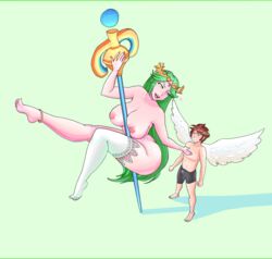 1boy 1girls age_difference angel_wings anklet breasts circlet erection erection_under_clothes female goddess green_eyes green_hair jontxu kid_icarus kid_icarus_uprising large_breasts legoman legwear long_hair looking_back male nintendo nipples nude older_female palutena pit pit_(kid_icarus) pole pole_dancing shorts simple_background small_penis small_penis_adoration smile wings younger_male