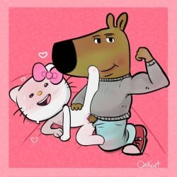 1boy 1girls american_psycho_(meme) chill_guy flexing flexing_bicep hello_kitty hello_kitty_(character) hello_kitty_(series) kitty_white pink_background qekart sanrio sex