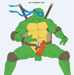 1boy 2015 3_fingers anthro balls bandana belt biceps cromofox_(artist) erection fighting_stance green_skin katana leonardo male male_only mask melee_weapon muscular muscular_male nude pads penis pose reptile scalie shell simple_background solo standing sword teenage_mutant_ninja_turtles turtle weapon white_background