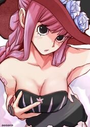 1girls :o aosora aosora2823 bare_shoulders black_dress black_eyes breasts brown_background cleavage collarbone dress female flower hand_on_own_hip hand_up hat hat_flower highres large_breasts long_hair one_piece open_mouth perona pink_hair red_hat simple_background solo strapless strapless_dress watch white_flower wristwatch