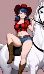 1female 1girls ai_generated bare_arms bare_midriff bare_thighs blue_eyes blue_hair cleavage cowgirl cowgirl_boots cowgirl_hat crop_top denim_shorts disney disney_channel eyebrows eyelashes eyeliner eyeshadow horse horse_riding ladybug_(character) large_ass large_breasts looking_at_viewer marinette_cheng marinette_dupain-cheng midriff miraculous:_tales_of_ladybug_and_cat_noir miraculous_ladybug plaid_shirt smiling smiling_at_viewer solo_female solo_focus thick_thighs twintails waifufamily white_horse