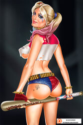 ass baseball_bat batman_(series) belt big_ass blonde_hair blue_eyes blue_hair bracelet breasts celebrity choker cosplay covered_nipples dat_ass dc dc_extended_universe earrings erect_nipples eyelashes female fingerless_gloves gloves harley_quinn harley_quinn_(dceu) large_ass large_breasts long_hair makeup margot_robbie multicolored_hair nail_polish pink_hair runny_makeup rzhevskii shirt shorts solo spiked_bracelet suicide_squad tattoo tattoos thighs tied_hair torn_clothes twintails weapon