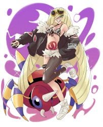 1girls ariados bra corruption hair_over_one_eye hotpants looking_at_viewer lusamine_(pokemon) luxury_ball mature_female midriff milf older_female pokemon pokemon_sm sfw short_shorts shorts smile tattoo team_skull team_skull_logo torn_pantyhose wanderjegson