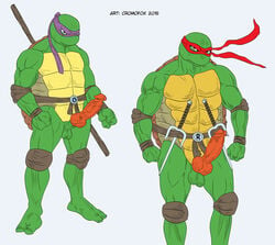 2015 2_toes 3_fingers anthro balls bandana belt biceps cromofox_(artist) donatello duo erection fist green_skin looking_at_viewer male male_only melee_weapon muscular muscular_male nude pads penis polearm raphael reptile sai_(weapon) scalie shell simple_background staff standing teenage_mutant_ninja_turtles toes turtle weapon white_background