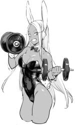 1girls alternate_costume animal_ears bare_arms bare_shoulders bowtie breasts bunny_ears bunny_tail cleavage dark-skinned_female detached_collar dumbbell female greyscale leotard miruko my_hero_academia playboy_bunny prime_(prime_tw) rabbit_girl rumi_usagiyama solo tail thighs working_out