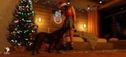 bedroom bottomwear canid canine canis christmas clothing duo female feral fur genitals hat headgear headwear hi_res holidays human licking male male/female mammal miniskirt penis santa_claus skirt tongue trioami260 wolf