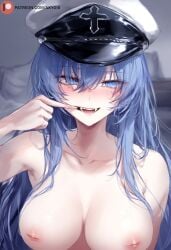 1girls ai_generated akame_ga_kill akyoi ass bedroom blue_eyes blue_hair blush breasts completely_nude esdeath_(akame_ga_kill!) fangs female hat large_breasts light-skinned_female light_skin long_hair looking_at_viewer patreon smile solo solo_female tongue tongue_out