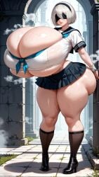 1girls ai_generated big_breasts breasts cameltoe huge_breasts jiuyang-hsien large_breasts nier:_automata platinum_games playstation school_uniform serafuku short_hair square_enix thick_legs thick_thighs tight_clothing white_hair yorha_2b