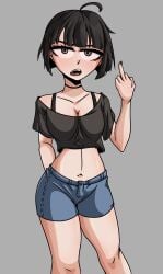 big_boobs big_breasts big_tiddy_goth_gf big_tits black_hair choker crop_top ear_piercing emo emo_girl flipping_off flipping_viewer_off goth goth_girl grey_eyes grey_nail_polish grey_nails looking_at_viewer open_mouth original_character rattminded short_hair shorts