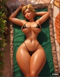 ai_generated big_breasts black_bikini blonde_female blonde_hair fat_ass horny horny_female milf mommy n_1611 navel_piercing pool sexy_body skimpy_bikini skimpy_clothes sleeping slut slutty_clothing slutty_outfit wide_hips