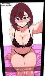 1girls ahoge asian ayase_momo bed blush brown_eyes brown_hair dandadan earrings female gato_gratam japanese meenu red_underwear selfie short_hair solo solo_female underwear