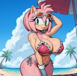 ai_generated amy_rose beach bikini furry furry_female huge huge_breasts pink_fur pink_hair sonic_(series) sonic_the_hedgehog_(series) stable_diffusion sunglasses_on_head