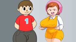 1boy 1girls animal_crossing animal_crossing_boy background big_breasts cooking_mama crossover looking_at_another mama_(cooking_mama) nintendo only_player picsart smile smiling_at_another tongue_out villager_(animal_crossing)