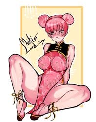 1girls bare_legs big_breasts buns chinese_clothes chinese_dress double_bun female female_focus female_only hair_bun legs_spread mantislord no_panties pink_eyes pink_hair slippers smirk smirking_at_viewer thick_thighs thighs