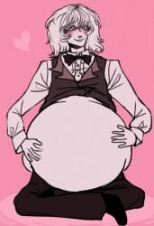 1boy blush blushing_male christopher_pierre clothed ghost_and_pals hearts_around_head hyper_belly inflated_belly inflation pink_background pregnancy pregnant pregnant_male skellyweb the_distortionist torogao white_hair white_skin