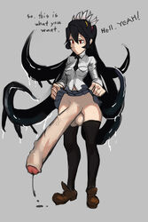 1futa black_cum black_hair bottomless calm clothed cum cum_drip dickgirl english_text filia_(skullgirls) foreskin full-length_portrait full_length futa_only futakuchi-onna futanari hair hirundo_rustica hyper hyper_penis intersex penis penis_under_skirt portrait precum red_eyes samson_(skullgirls) schoolgirl skirt skirt_lift skullgirls solo standing testicles text tie uncensored veiny veiny_penis