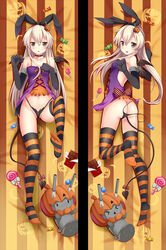 anal ass bat_wings black_eyes black_gloves black_panties blonde_hair blush buttplug buttplug_tail candy choker da-cart dakimakura demon_tail dress elbow_gloves female full_body gloves hair_ornament hair_ribbon halloween highleg highleg_panties highres jack-o'-lantern kantai_collection legs long_hair looking_at_viewer lying multiple_views navel object_insertion on_back on_side open_mouth panties panty_pull rensouhou-chan ribbon shimakaze_(kantai_collection) solo striped striped_legwear tail tank_top thighhighs underwear undressing wings