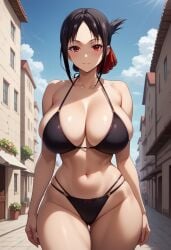 1girls ai_generated big_breasts bikini black_bikini black_hair breasts female female_focus female_only hips huge_breasts kaguya-sama_wa_kokurasetai_~tensai-tachi_no_renai_zunousen~ large_breasts looking_at_viewer navel red_eyes shinomiya_kaguya smiling smiling_at_viewer thick_thighs thighs wide_hips