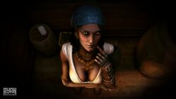 3d black_hair breasts cleavage dark-skinned_female dragon_age_2 face_piercings facing_viewer gloves isabela_(dragon_age) jewelry looking_at_viewer pirate ryandoesstuff solo tan-skinned_female teasing teasing_viewer