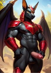 ai_generated anthro anthro_only balls ballsack dragon ear ears_up erect_penis erection male male_only multicolored_body muscles muscular muscular_male wings