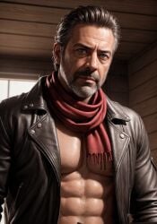 ai ai_generated beard bearded black_jacket brown_eyes cabin clothed clothing gray_eyes grey_hair hairy hairy_chest hairy_male jeffery_dean_morgan leather_jacket male male_only muscles muscular muscular_male negan negan_smith negansmith nipples no_shirt older_male older_man red_scarf salt_and_pepper_hair seaart.ai sexy.ai shirtless shirtless_(male) shirtless_male slicked_back_hair the_walking_dead thick_male