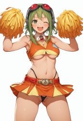 belt brooch cheerleader goggles goggles_on_head green_eyes green_hair gumi happy headphones highleg looking_at_viewer megpoid_gumi miniskirt open_mouth pom_poms red-tinted_eyewear short_hair short_hair_with_long_locks thong underboob vocaloid white_background wink