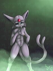 anthro bird's-eye_view blue_eyes breasts canine eeveelution espeon female fur gemstone high-angle_shot mammal mist nintendo nipples nude poisindoodles pokemon pokemon_(species) purple_fur pussy solo theban_text video_games