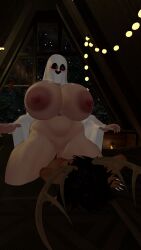 bom39 deer_antlers deer_boy femboy ghost ghost_girl hands_up massive_areolae massive_breasts massive_size_difference milf practically_nude riding_penis sheet_ghost vrchat vrchat_avatar wide_hips