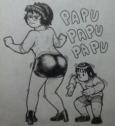 abraham_romano ass ass_focus character_request dancing eyeshadow glasses heels mafalda mafalda_(quino) papu raquel_(mafalda) round_glasses traditional_art traditional_media traditional_media_(artwork)