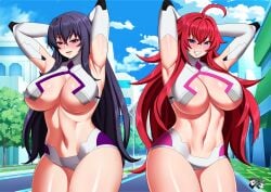 2girls akeno_himejima armpits bare_thighs big_breasts bikini black_hair busty_female elbow_gloves high_school_dxd jadenkaiba long_hair multiple_girls red_hair revealing_clothes rias_gremory underboob white_bikini