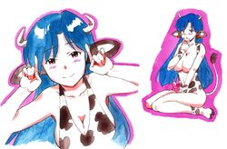 animal_ears big_breasts blue_hair blush breasts caracol censored cow_girl dickgirl erection female horn humanoid intersex mammal nipples penis simple_background smile solo