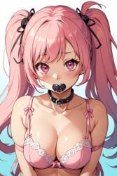 adorable ai_generated black_pacifier bow_ribbon cute female female_focus female_only girly kawaii pacifier pale_skin pink_bra pink_eyes pink_hair pink_lingerie size_difference