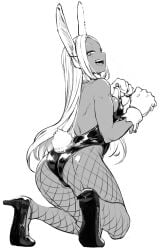 1girls alternate_costume animal_ears ass back bare_arms bare_back bare_shoulders breasts bunny_ears bunny_tail cleavage dark-skinned_female female fishnet_pantyhose fishnets from_behind full_body gloves greyscale high_heels kneeling legs leotard miruko my_hero_academia playboy_bunny prime_(prime_tw) rabbit_girl rumi_usagiyama solo tail thighs