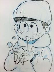 beanie breath cum cum_in_mouth drooling hat hoodie looking_at_viewer looking_up male_only matsuno_todomatsu open_mouth osomatsu-kun osomatsu-san sketch solo traditional_media upper_body