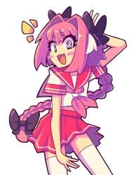 1boy 1femboy astolfo_(fate) astolfo_(fate/apocrypha) astolfo_(saber)_(fate) astolfo_(sailor_paladin)_(fate) cute_expression cute_eyes cute_face cute_male daigada fate/apocrypha fate/grand_order fate/stay_night fate_(series) femboy happy j5daigada light-skinned_male looking_at_viewer male male_only open_mouth pink_hair skirt skirt_lift smile smiling smiling_at_viewer socks solo white_socks