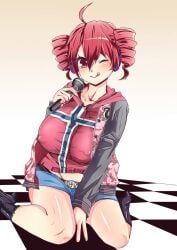 1female big_breasts black_boots drill_hair kasane_teto nipple_bulge red_eyes red_hair thighs tongue_out utau wink