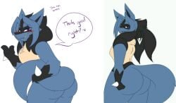 anthro ass big_butt black_body black_fur blue_body blue_fur blush breasts brown_eyes bubble_butt butt_pose canid canine dart(dewwydartz) dewwydarts dewwydartz drunk english_text fan_character female flat_chest flat_chested fluffy fluffy_tail fur furry generation_4_pokemon hair hands_on_ass hands_on_hips hourglass_figure lap_sitting looking_at_viewer lucario male mammal may_(dewwydarts) may_(dewwydartz) nintendo nude pear_shaped pear_shaped_female pokemon pokemon_(species) pose presenting presenting_hindquarters purple_eyes simple_background smile solo speech_bubble standing substance_intoxication suggestive tail tan_body tan_fur text thick_thighs tongue voluptuous voluptuous_female white_background wide_hips