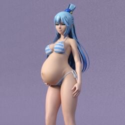 1girls 3d aqua_(konosuba) belly big_belly bikini blue_hair breasts female kono_subarashii_sekai_ni_shukufuku_wo! pregnant sandsage solo