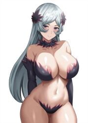 animated animated_gif areola_slip bare_shoulders black_gloves blue_eyes blush breasts cleavage closed_mouth collarbone cowboy_shot dungeon_ni_deai_wo_motomeru_no_wa_machigatteiru_darou_ka elbow_gloves female freya_(danmachi) gif gloves grey_hair hair_ornament huge_breasts jasony long_hair looking_at_viewer navel simple_background smile solo stomach thighs white_background