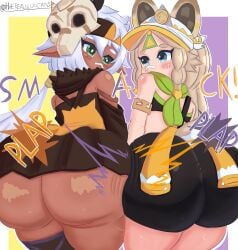 2girls b.wc background big_ass blonde_hair clothing dark-skinned_female female_only genshin_impact huge_butt iansan_(genshin_impact) kachina_(genshin_impact) looking_at_another original shortstack white_hair