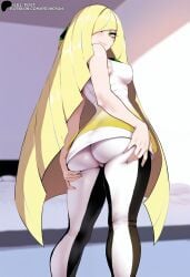 ai_generated ass_support blonde_hair dress from_behind green_eyes hands_on_own_ass hi_res highres huge_ass long_hair looking_back lusamine_(pokemon) mature_female medium_breasts milf pants pokemon primosan smile standing wide_hips