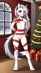 1girls 2024 ai_generated anthro blushing breasts canine christmas christmas_tree digitigrade ear_piercing eyebrow_piercing eyeliner eyeshadow female female_only grey_fur hair_over_one_eye hellhound helluva_boss hi_res holidays indoors inner_ear_fluff innie_pussy long_hair looking_at_viewer loona_(helluva_boss) nude nude_female pink_nipples pussy red_eyes ribbon ribboned_body silver_hair smile snow snowing white_fur