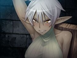 angry arm_up armpit_hair armpits bare_shoulders blush breasts bust_portrait captive captive_market clenched_teeth collarbone danes_c_asriel dark-skinned_female dark_elf dark_skin elf female female_armpit_hair game_cg hair_between_eyes indoors lilith-soft looking_at_viewer pointy_chin pointy_ears shindou_l short_hair silver_hair sitting solo sweat turtleneck upper_body vertical_stripes yellow_eyes