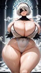 1girls ai_generated big_breasts breasts cleavage cleavage_cutout curvaceous female huge_breasts jiuyang-hsien large_breasts looking_at_viewer massive_breasts nier:_automata short_hair sweat tight_clothing white_hair yorha_2b