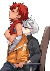 2girls blush bra bra_lift breasts chair closed_eyes grey_hair gundam gundam_suisei_no_majo hair_over_shoulder head_back highres implied_fingering kissing_back large_breasts miorine_rembran mitsu_(tendou_itsuki) moaning multiple_girls off_shoulder office_chair open_mouth ponytail red_hair reverse_upright_straddle scar short_hair sitting suit suletta_mercury swivel_chair turtleneck underwear wife_and_wife yuri