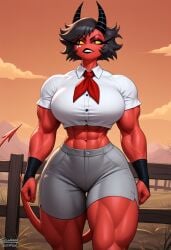 1girls abs ai_generated big_breasts black_hair breasts curvaceous curvaceous_female curvy_female curvy_figure demon demon_girl demon_horns demon_tail female helluva_boss horns imp lin_(helluva_boss) mature_female milf muscle_mommy muscles muscular_female patmmp0102 red_body red_skin red_skinned_female short_hair shortstack solo tail