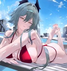 big_ass big_breasts bikini caesar_king_(zenless_zone_zero) feet_up horns legs_up long_hair looking_at_viewer qiandaiyiyu soles tagme zenless_zone_zero