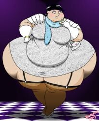 big_belly big_breasts big_butt black_hair blue_scarf blush bob_cut checkered_floor chubby_face eating eating_food eyeshadow fat fat_folds flabby_arms flabby_legs food_in_hand gold_bracelet hand_on_hip hey_arnold! obese obese_female obese_human overweight overweight_female overweight_human pink_lipstick purse redandroid rhonda_wellington_lloyd sandwich silver_dress thick_thighs thigh_high_stockings white_gloves white_high_heels wide_hips