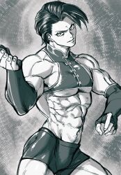 abs action_pose bare_midriff bishonen bishounen bulge chinese_clothes crop_top elbow_gloves fighter fingerless_gloves gloves kengan_(series) kengan_ashura l_s_d looking_at_viewer male male_only martial_arts_uniform monochrome muscular muscular_male navel nikaido_ren pecs revealing_clothes shorts skin_tight solo tight_clothing twunk underpec